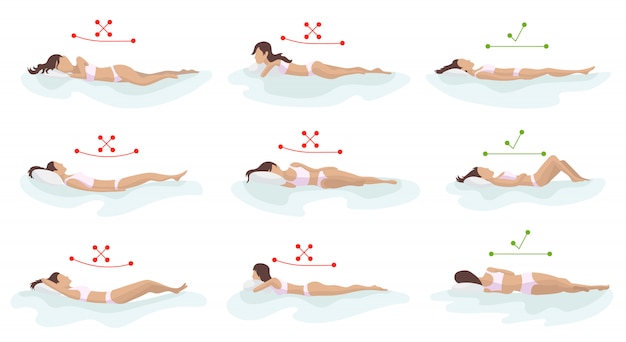 Correct and incorrect sleeping body posture. Position spine in various mattresses. Orthopedic mattress and pillow. Caring for health of back, neck. Comparative illustration. Healthy sleeping position.