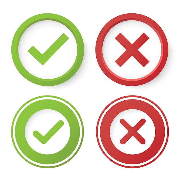 Correct and incorrect vector sign. Green Check mark sticker and red cross illustration