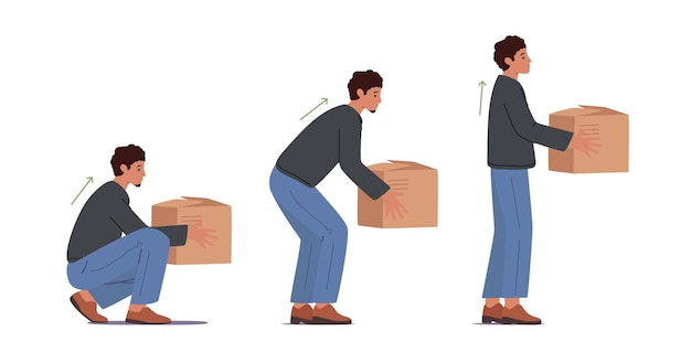 Correct Lift of Heavy Box Concept Man Stand Up with Cardboard Package in Hands Male Character Back Safety Health Care