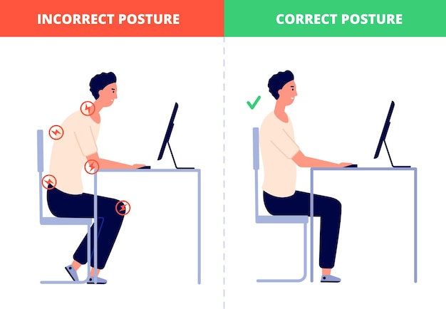 Correct sitting Computer posture office ergonomics at work desk Proper position without neck or back pain for healthy spine utter vector concept