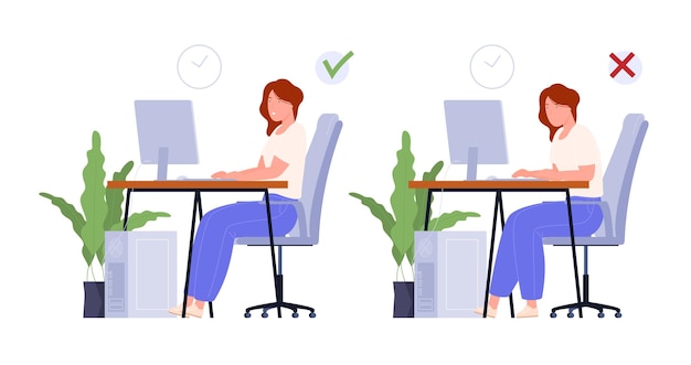 Vector the correct way to sit at a desk while using a computer correct posture for a healthy back vector illustration