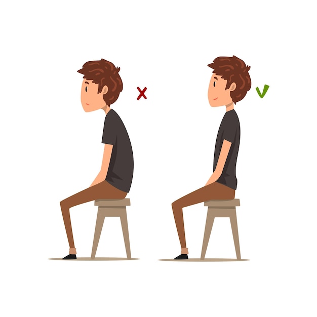 Correct and worst positions for sitting, boy sitting on the chair, sitting posture vector Illustration isolated on a white background.