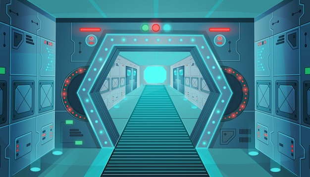 Vector corridor with a door in a spaceship. cartoon background interior room sci-fi spaceship. background for games and mobile applications.