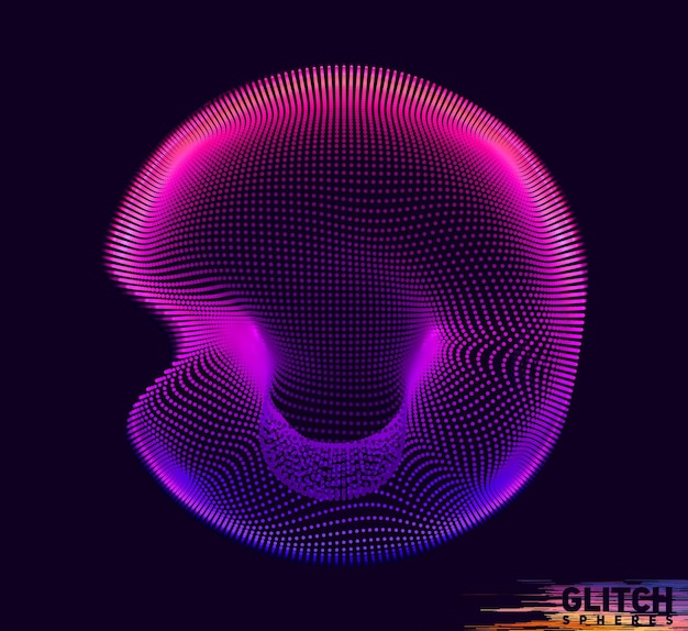 Corrupted violet point sphere. Abstract vector colorful mesh on dark background. Futuristic style card.