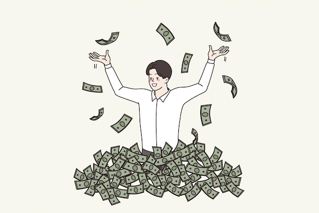 Corruption and illegal money concept. Young smiling businessman leader standing in heap of money cash bribes corruption feeling good in flying around banknotes vector illustration