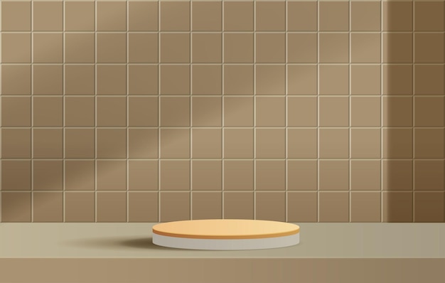 Cosmetic background and premium podium podium on the table with brown tile texture wall scene.