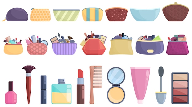 Cosmetic bag icons set cartoon vector. Accessory barber