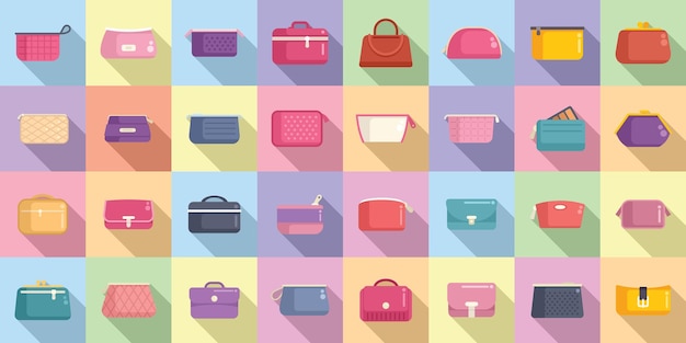 Cosmetic bag icons set flat vector Barber beauty