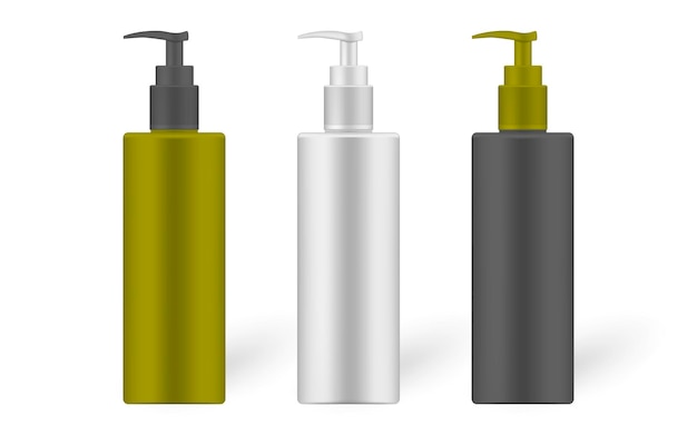 Cosmetic bottle with dispenser set Beauty product white black and olive color package template