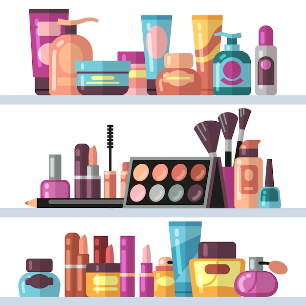 Cosmetic bottles on store shelves. Woman beauty and care vector concept