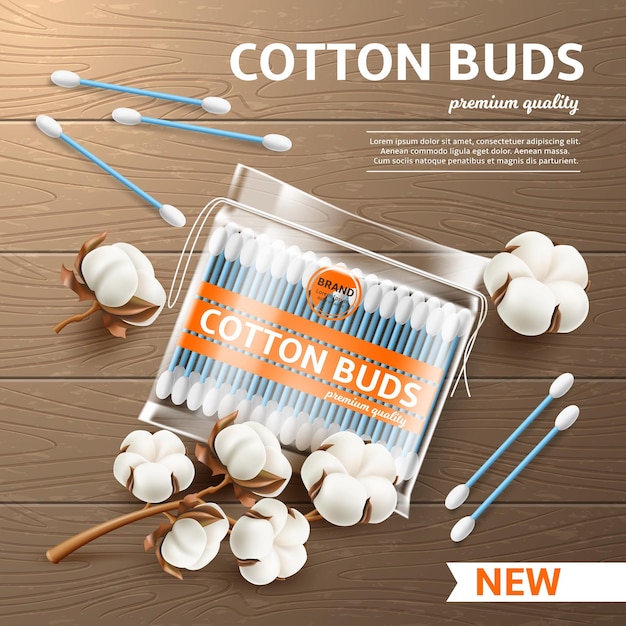 Vector cosmetic cotton buds poster realistic ear swabs pack cotton inflorescences cosmetic product hygiene and skin care transparent packaging advertising banner utter vector concept