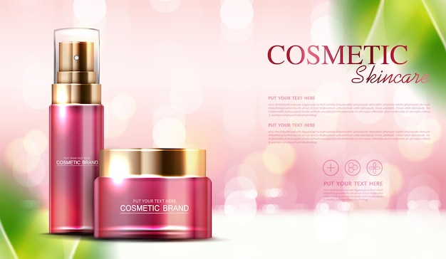 Cosmetic essence or skin care  product ads with bottle banner ad for beauty products and leaf