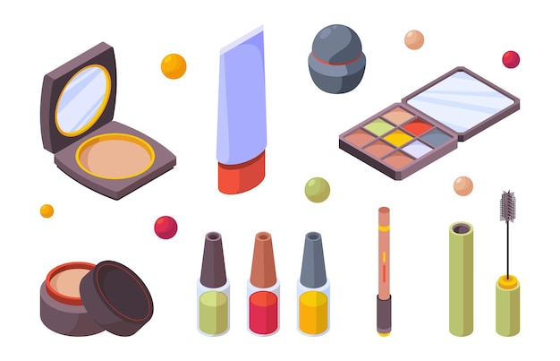 Cosmetic isometric. Beauty makeup accessories for women lipstick eye shadow mirror pencils for lips garish vector icons. Beauty isometric product, powder and cosmetic illustration