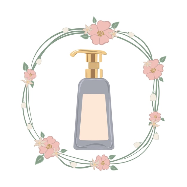 Cosmetic lotion with dispenser Vector illustration in floral wreath