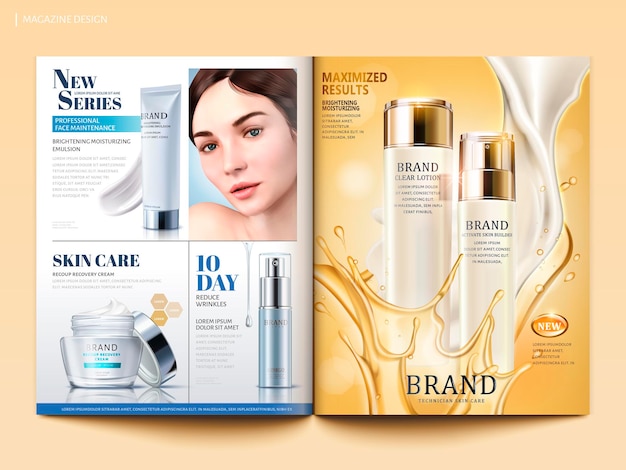 Cosmetic magazine template, lotion with flowing cream and oil in 3d illustration, product catalog for design