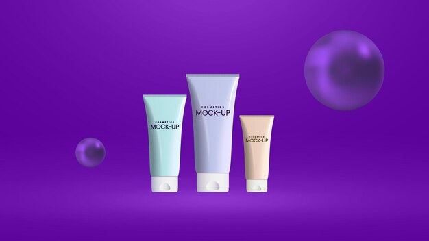 cosmetic mockup for cream gel shampoo paste lation with 3d balls purple background illustration