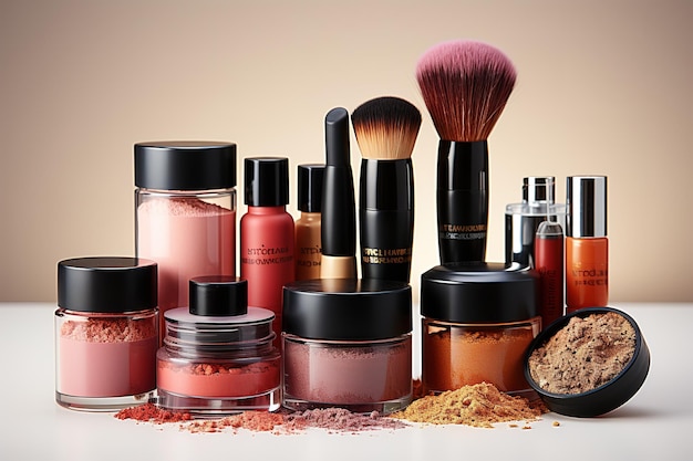 Cosmetic paint brushes bottles with foundation lip gloss shadows blush and cream jar isolated on