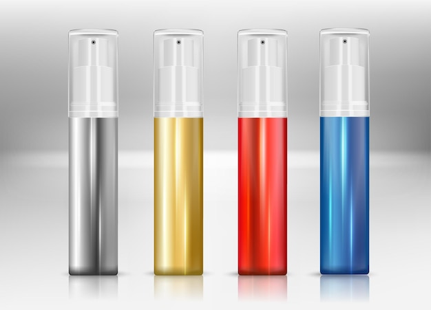 Cosmetic plastic spray bottle with glass caps different color. Liquid container for gel, lotion, cream, shampoo, bath foam. Beauty product package (transparent). Vector illustration.