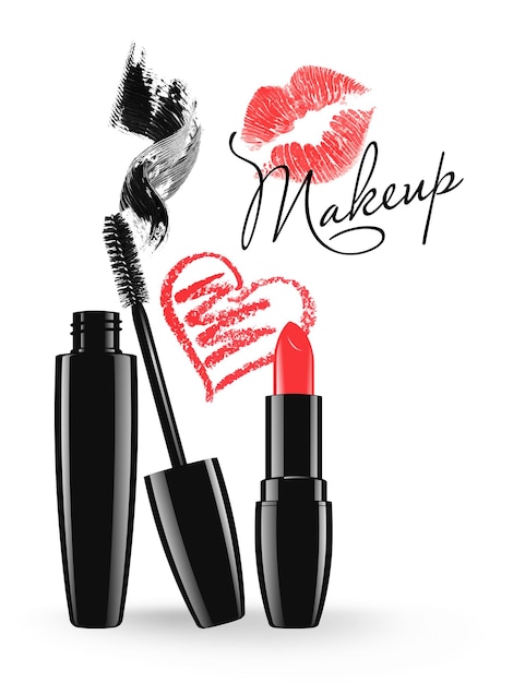 Cosmetic product design vector illustration Makeup mascara tube brush and stain red lipstick and doodle heart isolated