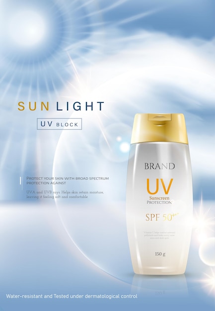 Cosmetic product and Skincare ad with simple geometric shapes studio display concept of light texture sunscreen 3d illustration