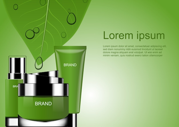 Cosmetic products with leaf and water drops 