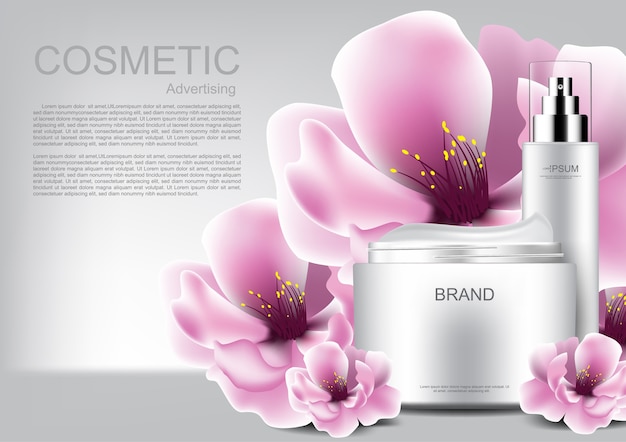 Cosmetic products with pink blooming flowers and template