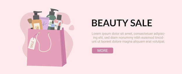 Cosmetic sale shopping bag flat vector illustration, Beauty and skin care products