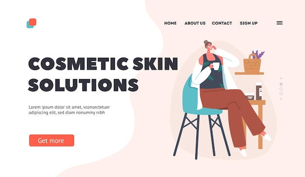 Cosmetic Skin Solutions Landing Page Template Woman Applying Natural Mask Female Character with Eye Pads Drink Tea while Apply Moisturizing Mask Spa Hygiene Procedures Cartoon Vector Illustration