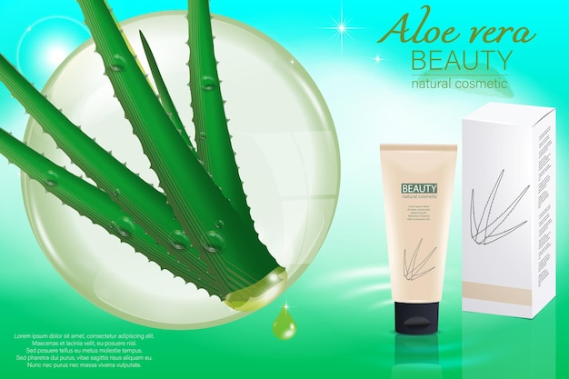 Cosmetic template of aloe vera illustration of a cosmetic layout of a tube of cream with packaging with ingredients of aloe vera and a sparkling drop of oil