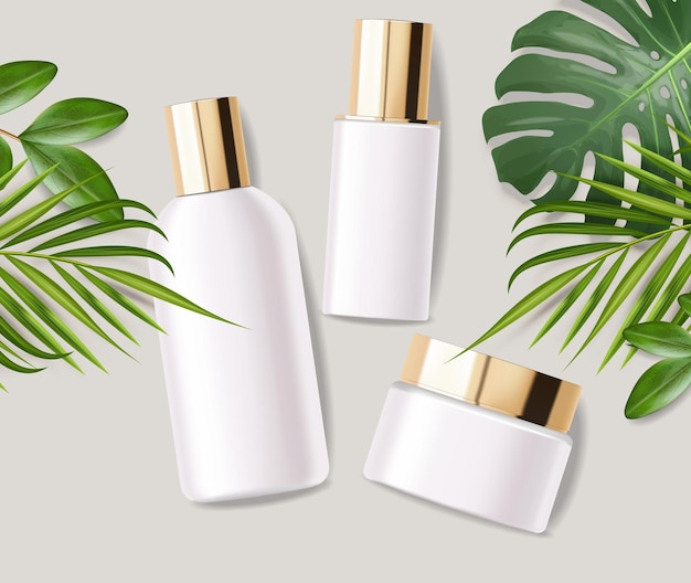 Cosmetic white bottles on tropical banner. Realistic gold packaging for serum, cream, shampoo, tonic