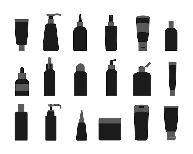 Cosmetics bottle icon set Beauty products in jars with dispenser pump Cosmetics package