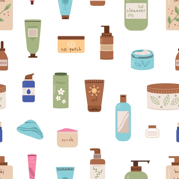 Cosmetics bottles seamless pattern Lotions cream toner Beauty and cleaning cosmetic morning evening self care routine vector background