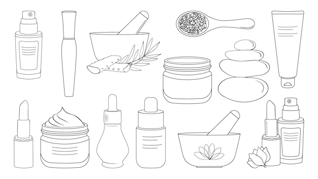 Cosmetics creams serums and everything for makeup big set Organic beauty products simple linear icons