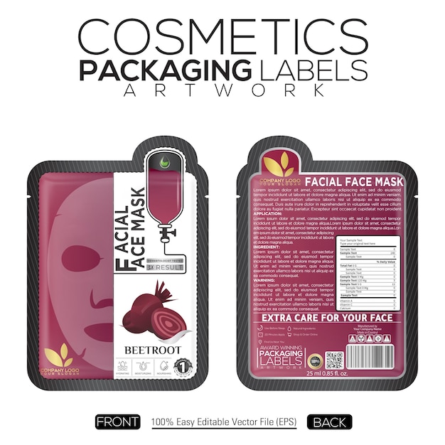 Vector cosmetics facial face mask pouch design with beet root