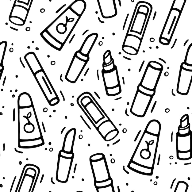 Cosmetics Icons seamless pattern Lipsticks set in doodle style Vector hand drawn flat illustration