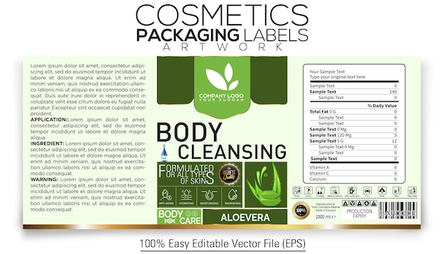 Cosmetics Packaging Label Artwork Design Body Cleansing With Alevera