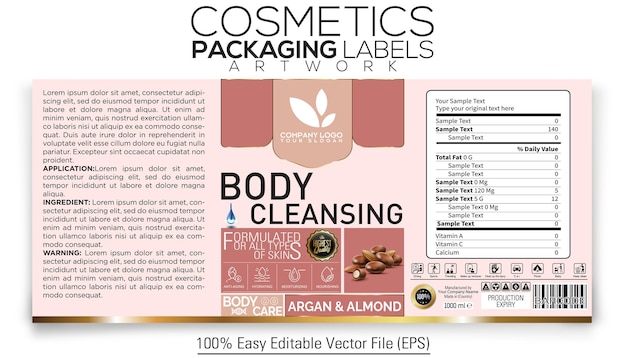 Vector cosmetics packaging label artwork design body cleansing with argan and almond