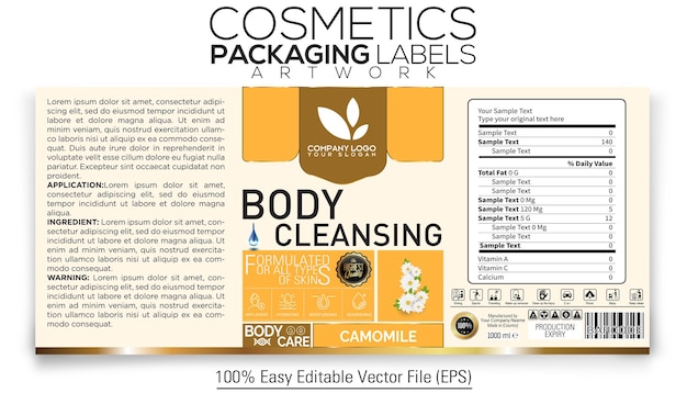 Cosmetics Packaging Label Artwork Design Body Cleansing With Camomile