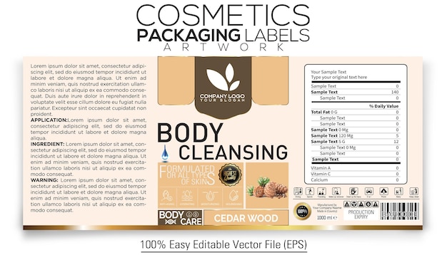 Vector cosmetics packaging label artwork design body cleansing with cedar wood