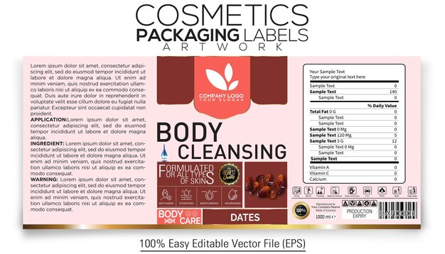 Vector cosmetics packaging label artwork design body cleansing with dates