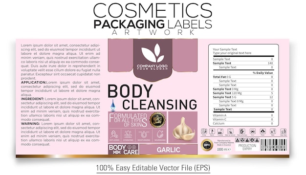 Vector cosmetics packaging label artwork design body cleansing with garlic