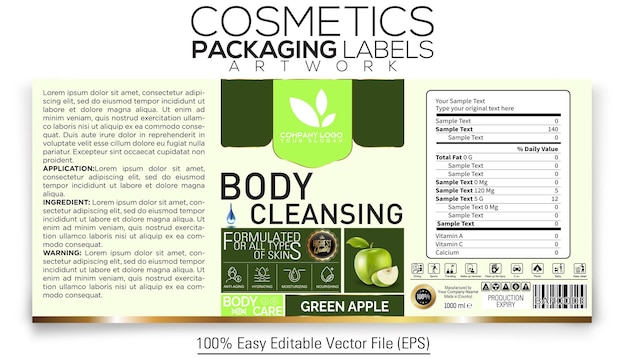 Cosmetics Packaging Label Artwork Design Body Cleansing With Green Apple