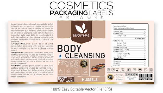 Vector cosmetics packaging label artwork design body cleansing with hussels