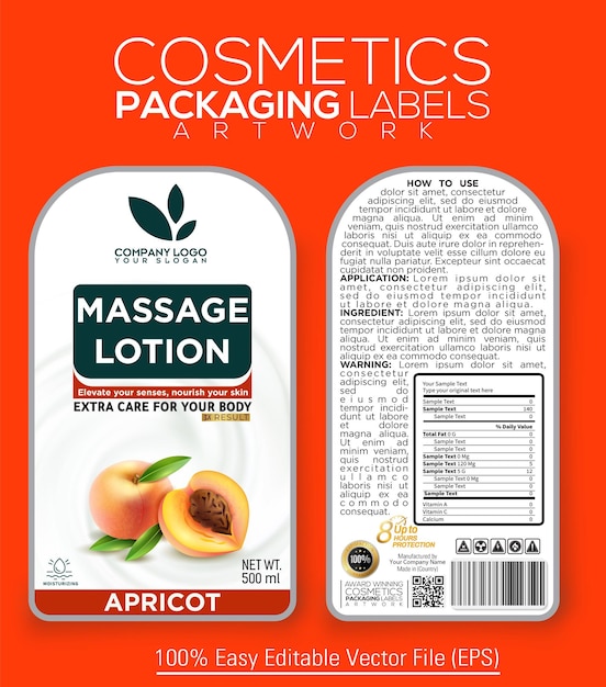 Cosmetics Packaging Label Artwork For Massage lotion With Essence of Apricot