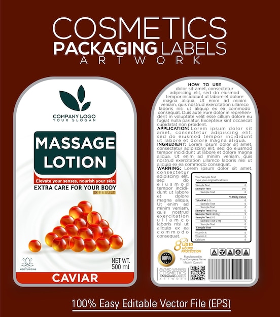 Vector cosmetics packaging label artwork for massage lotion with essence of caviar