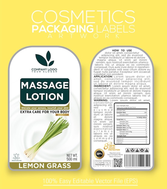 Cosmetics Packaging Label Artwork For Massage lotion With Essence of Lemon Grass