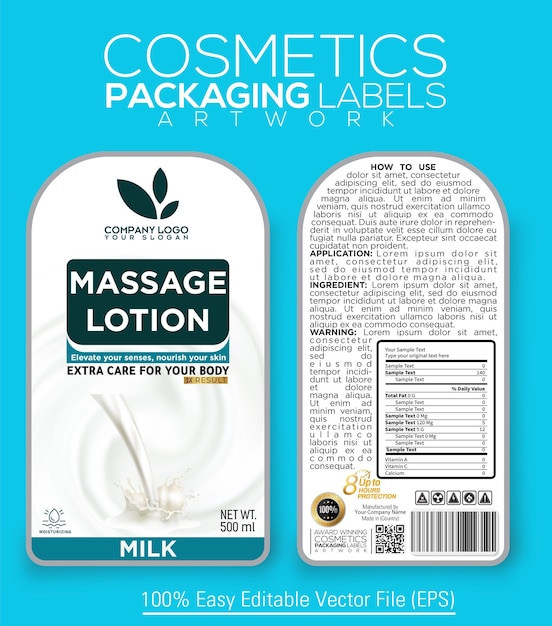 Cosmetics Packaging Label Artwork For Massage lotion With Essence of Milk