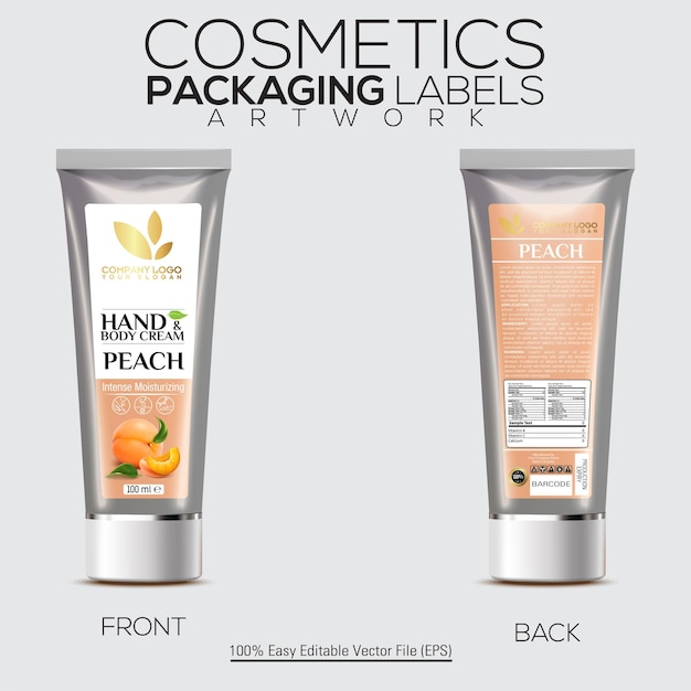 Cosmetics Packaging Label Artwork With Tube Mockup Hand And Body Cream With Peach