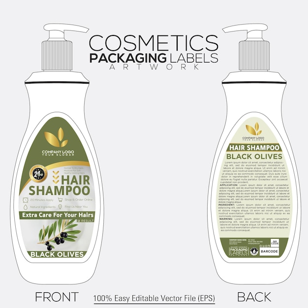 Vector cosmetics packaging label bottle mockup for hair shampoo with black olive