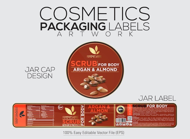 Cosmetics Packaging Label Face And Body Scrub Label With Cap Cover Design With Argan and Almond